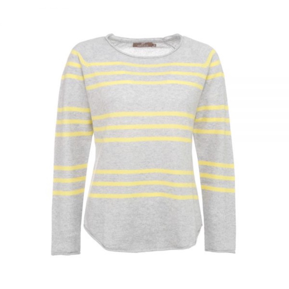 Brodie fine cashmere grey sweater with yellow stripes.